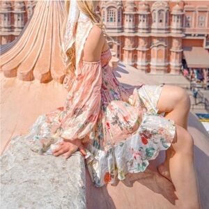 Rococo Sand Floral Peach off the shoulder puff sleeve mini dress metallic stripe